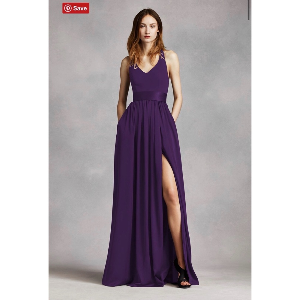 WHITE BY VERA WANG V Neck Halter Gown with Sash